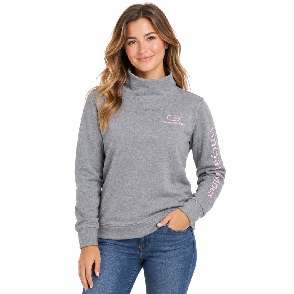 Vineyard Vines Women M Gray Pink Whale Funnel Neck Pullover Sweatshirt